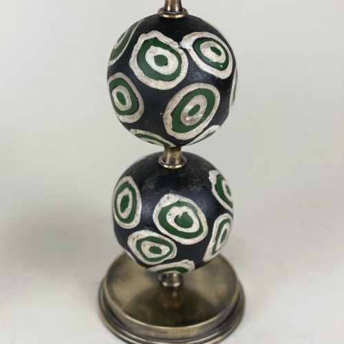 Pair Of Black With Cream/green Rings Majapahit Glass Bead Lamps With Antique Brass Bases