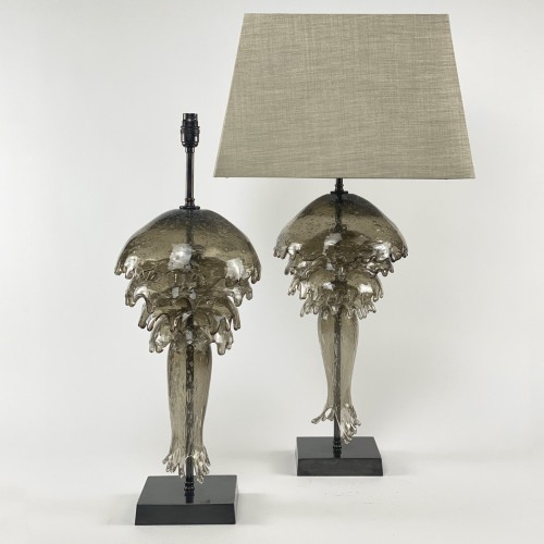 Pair Of Large Smoke Grey Glass "Jellyfish" Lamps On Brown Bronze Bases