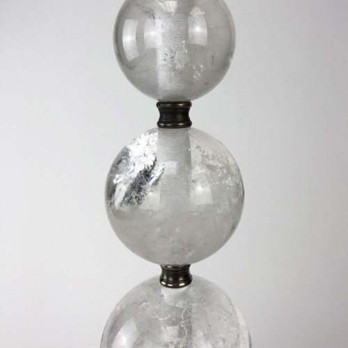 Pair of Large Rock Crystal Ball Stack Lamps on Square Antique Brass Bases