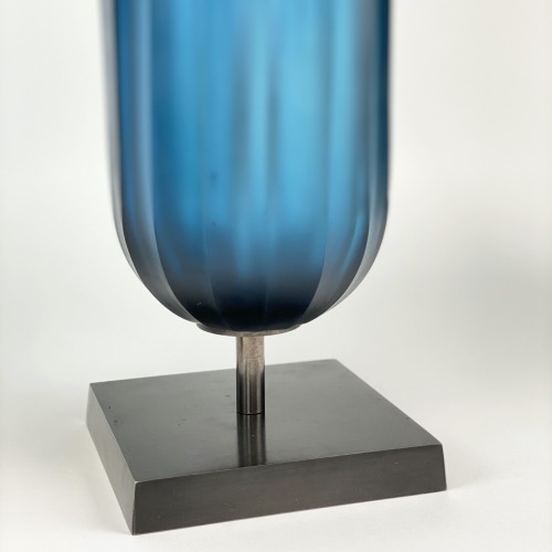 Pair of Medium Blue Pill Glass Lamps on Brown Bronze Bases