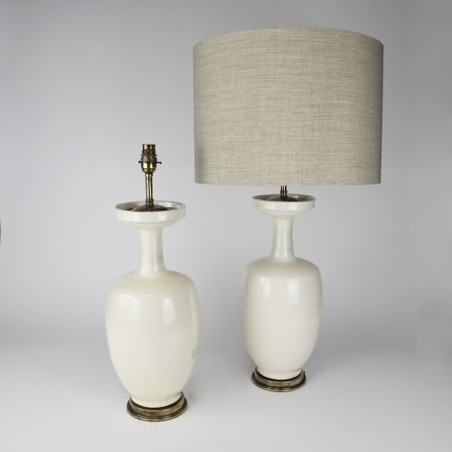 Pair of Cream Ceramic Table Lamps on Antique Brass Bases