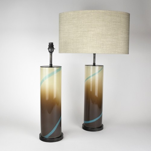 Pair of Large Cream/Brown Glass Lamps with Blue Trail on Antique Brass Bases