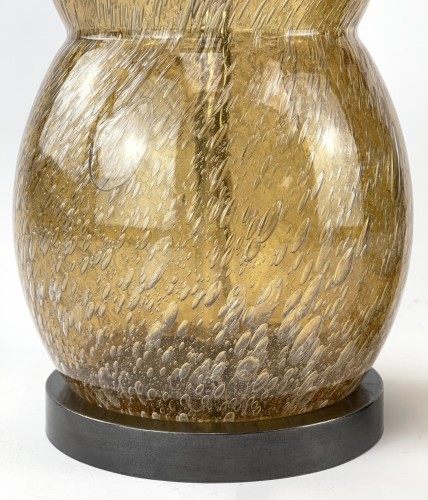 Pair of Large Amber  'Bubble Effect' Glass Table Lamps on Brown Bronze Bases