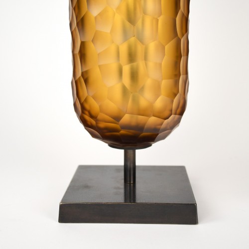 Pair of Medium Amber Cut Pill Glass Lamps on Brown Bronze Bases