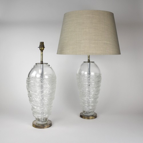 Pair Of Large Clear Candy Floss Glass Lamps on Antique Brass Bases