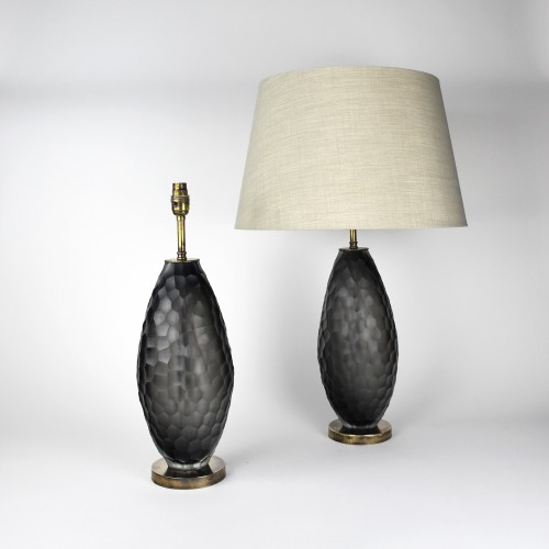 Pair of Large Grey Battuto Glass Table Lamps on Antique Brass Bases