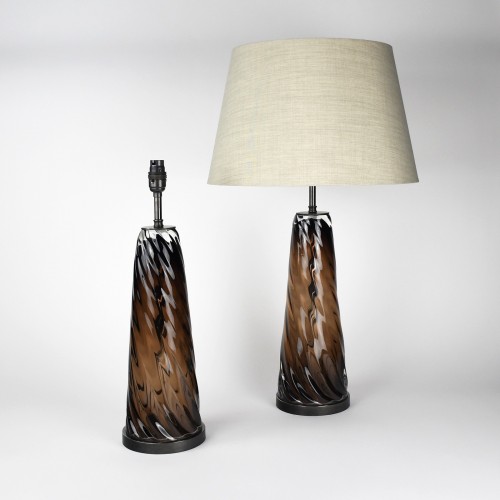 Pair of Medium Brown Glass Swirl Lamps on Brown Bronze Bases