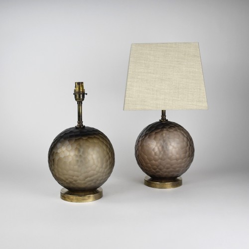 Pair of Small Brown Round Snowball Glass Table Lamps on Brown Bronze Bases