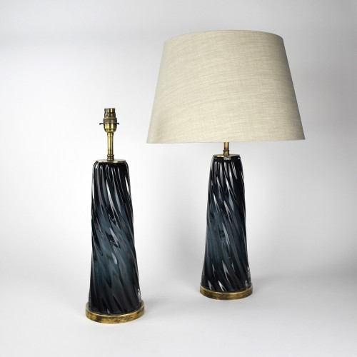 Pair of Medium Blue Swirl Glass Table Lamps on Antique Brass Bases