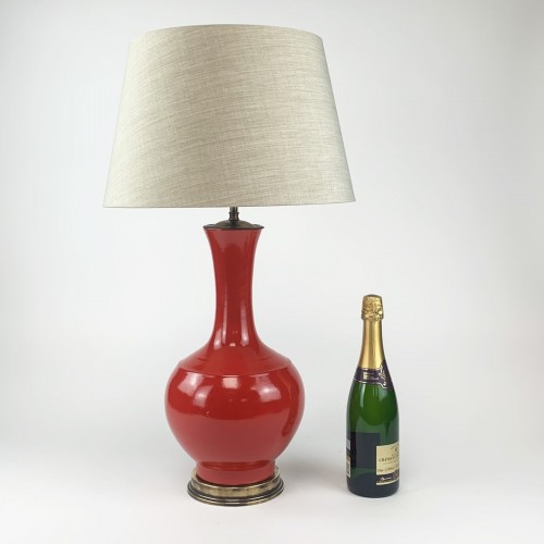 Pair of Red Ceramic Table Lamps with Antique Brass Bases