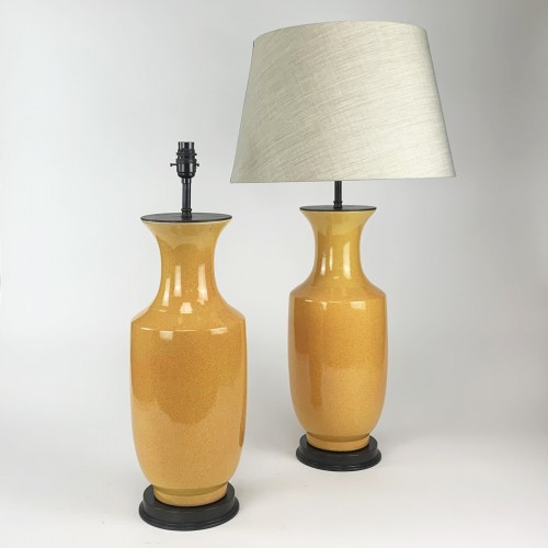Pair of Orange Ceramic Lamps on Antique Brass Bases