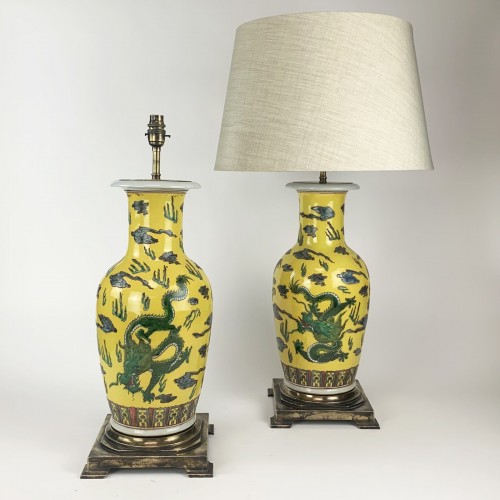 Pair of Large Yellow Chinese Lamps on Antique Brass Bases