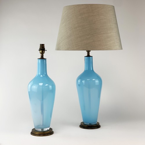 Pair Of Blue glass Lamps On Antique Brass Bases