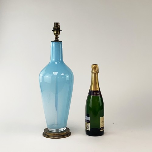 Pair Of Blue glass Lamps On Antique Brass Bases