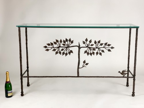 Textured Wrought Iron Tree Of Life Console With Bird in Painted Brown Bronze Finish