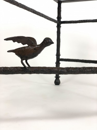 Textured Wrought Iron Coffee Table In Brown Bronze Painted Finish With Bird And Mouse