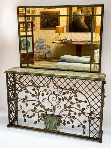Wrought Iron "Rose" Console In A Distressed Copper Finish With Matching Mirror