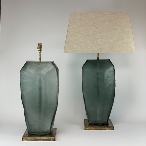 Pair Of Large Textured Cut Glass grey green Lamps With Square Antique Brass Bases