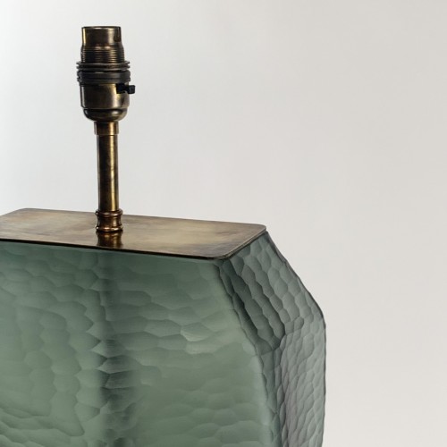 Pair Of Medium Textured Cut Glass grey green Lamps With Square Antique Brass Bases