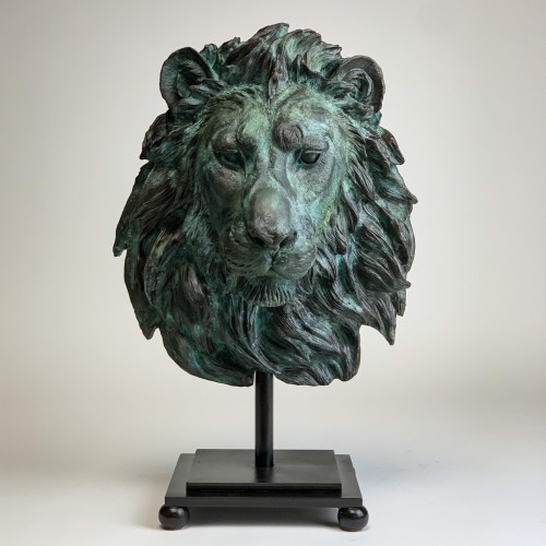 verdigris Bronze Lion Head On Wrought Iron brown base