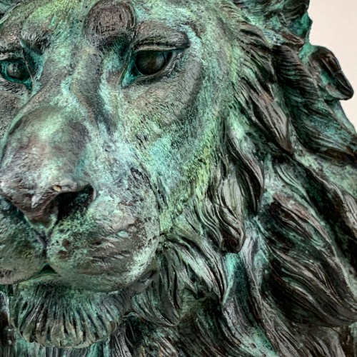 verdigris Bronze Lion Head On Wrought Iron brown base