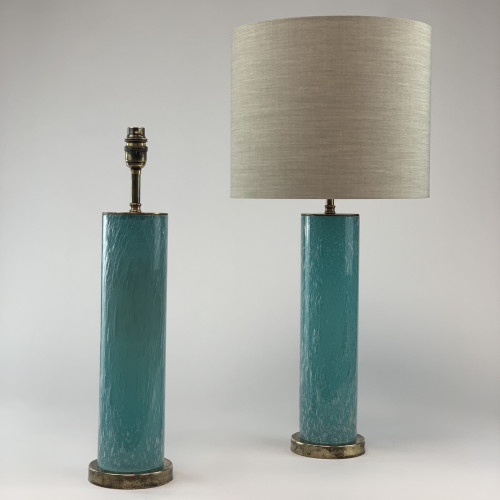 Pair Of Blue Bubble Glass Lamps On Antique Brass Bases