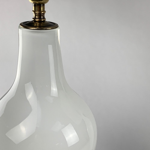 Pair Of White Glass Lamps On Antique Brass Bases
