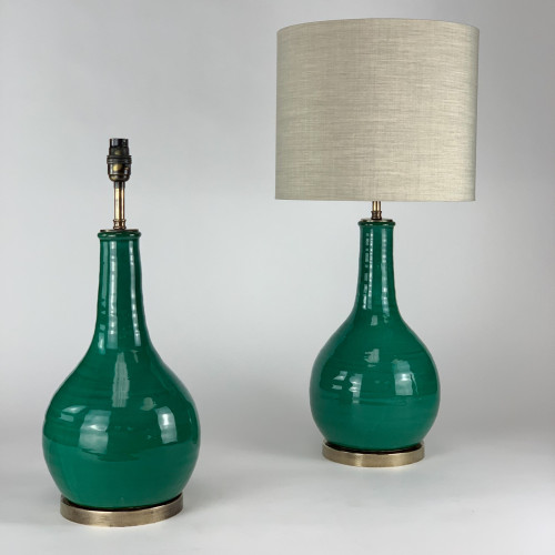 Pair Of Green Ceramic Lamps On Antique Brass Bases