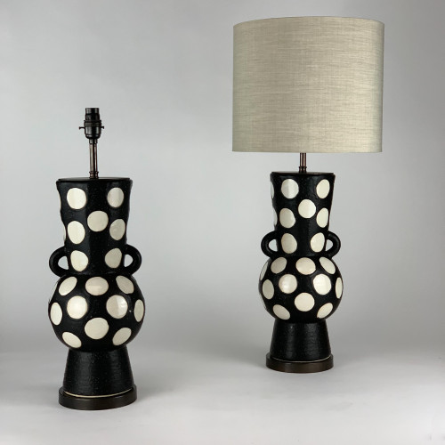Pair Of Ceramic Black Polka Dot Lamps On Brown Bronze Bases