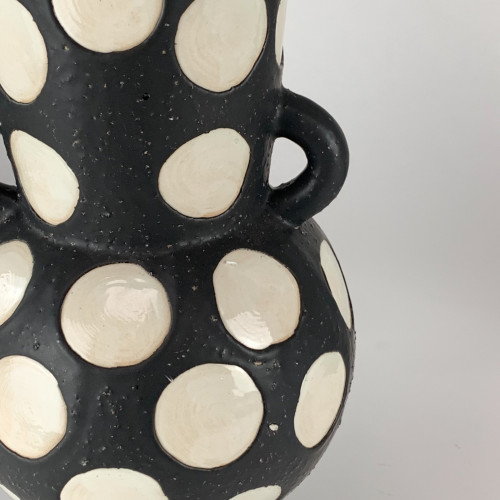 Pair Of Ceramic Black Polka Dot Lamps On Brown Bronze Bases