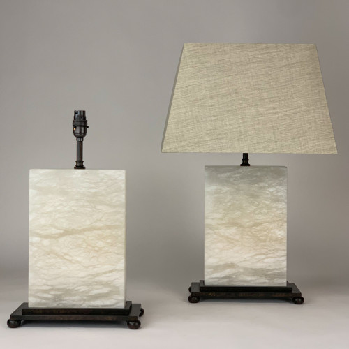 Pair Of Thick Alabaster "Tablet" Lamps On Brown Bronze Bases (painted finish)