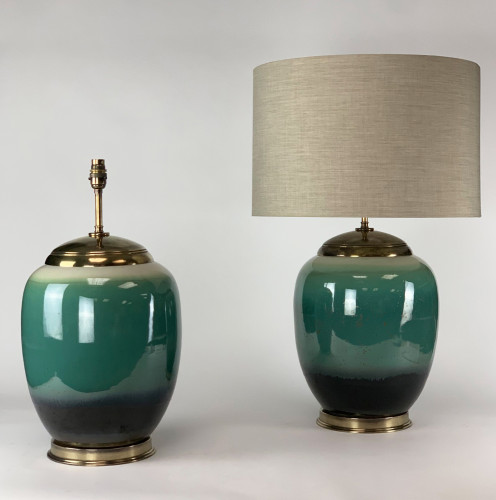 Pair Of large Turquoise  Ceramic Lamps On Antique Brass Bases
