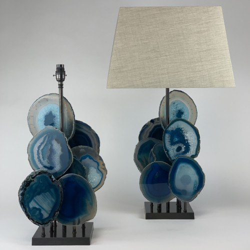Pair Of Blue Agate Disc Lamps On Brown Bronze Bases