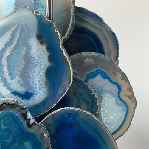 Pair Of Blue Agate Disc Lamps On Brown Bronze Bases