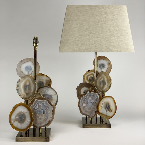 Pair Of Brown Agate Disc Lamps On Antique Brass Bases