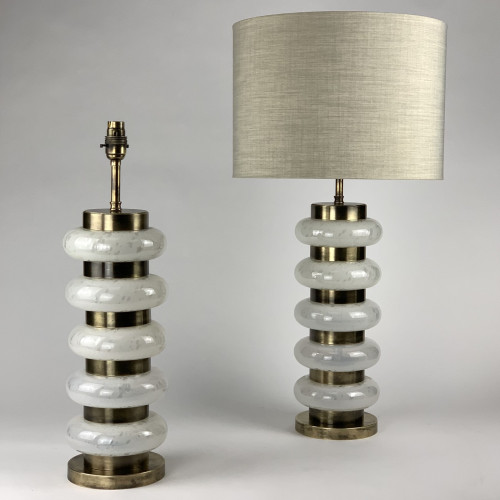 Pair of white glass Doughnut Lamps On Antique Brass Bases