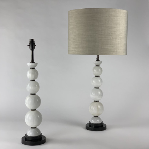 Pair Of Selenite Ball Stack Lamps On Double Antique Brass Bases