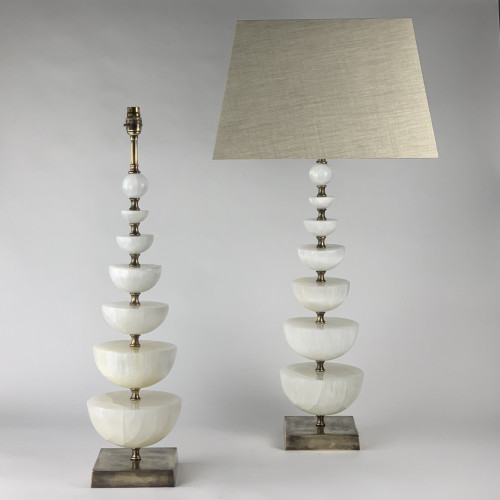 Pair Of Large Selenite Fountain Lamps On Brown Bronze Bases