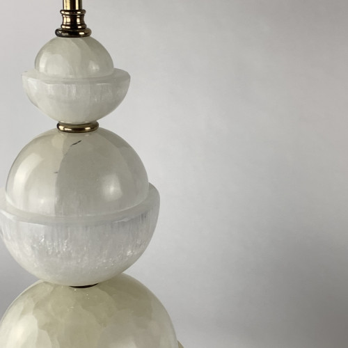 Pair Of Selenite Half Dome Lamps On Antique Brass Bases