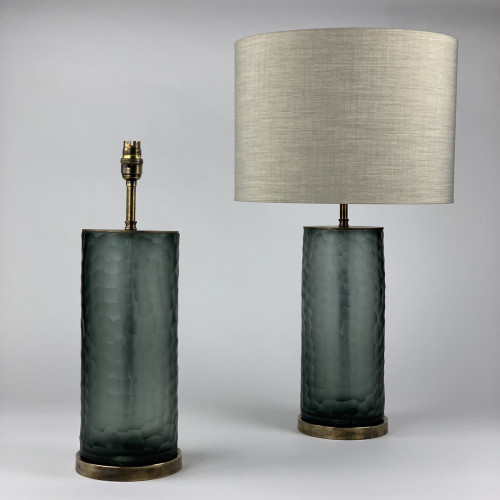 Pair Of Textured Grey Glass Lamps On Antique Brass Bases