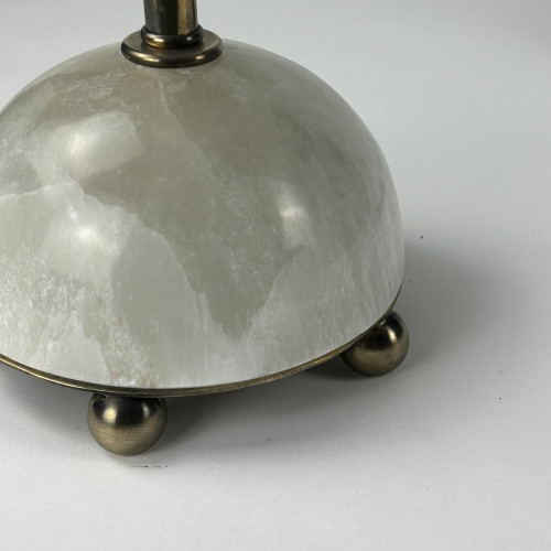 Pair Of Selenite Dome Lamps On Antique Brass Bases