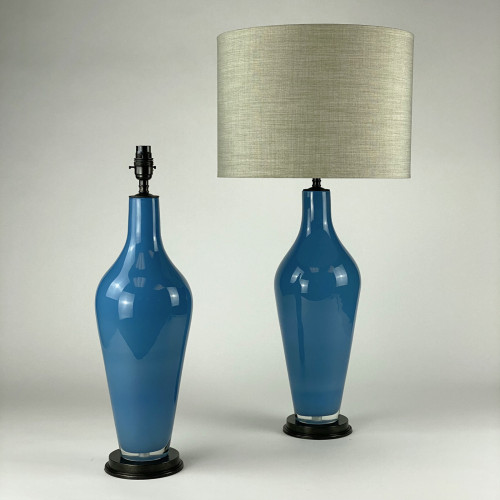 Pair Of Medium Sky Blue 'standard' Glass Lamps On Brown Bronze Bases
