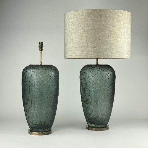 Pair Of Large Grey Cut Glass Lamps With Abstract Design On Antique Brass Bases