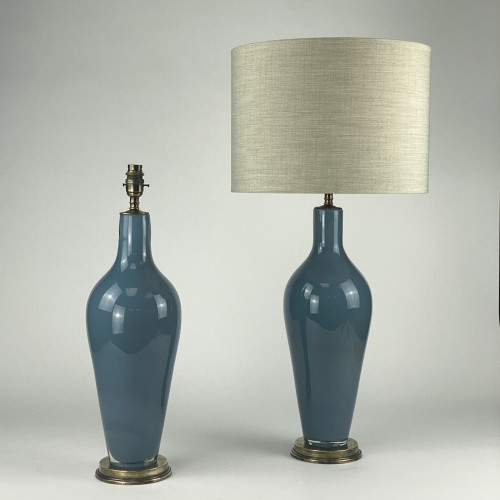 Pair Of Medium Grey/Blue  'standard' Glass Lamps On Antique Brass Bases