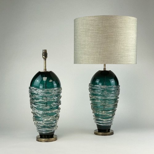 Pair Of Teal Candy Floss Glass Lamps On Antique Brass Bases