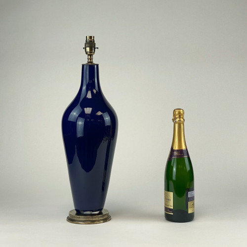 Pair Of Medium Dark Blue 'standard' Glass Lamps On Antique Brass Bases