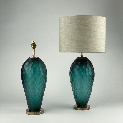 Pair Of Teal Cut Glass Balloon Lamps On Antique Brass Bases