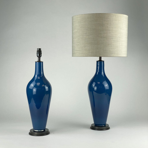 Pair Of Medium Blue 'standard' Glass Lamps On Brown Bronze Bases