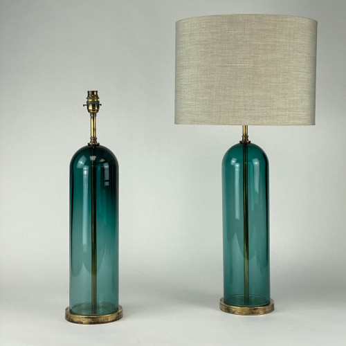 Pair of Large Teal Glass Dome Table Lamps on Antique Brass Bases
