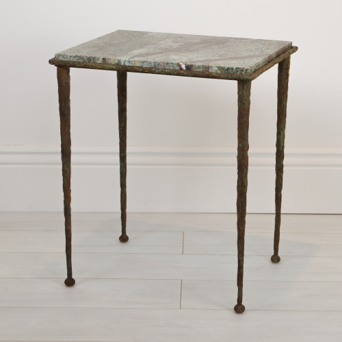 Giacometti Style Textured Wrought Iron 'Taper Leg' Side Table With Verdigris Finish And Marble Top (T7067)